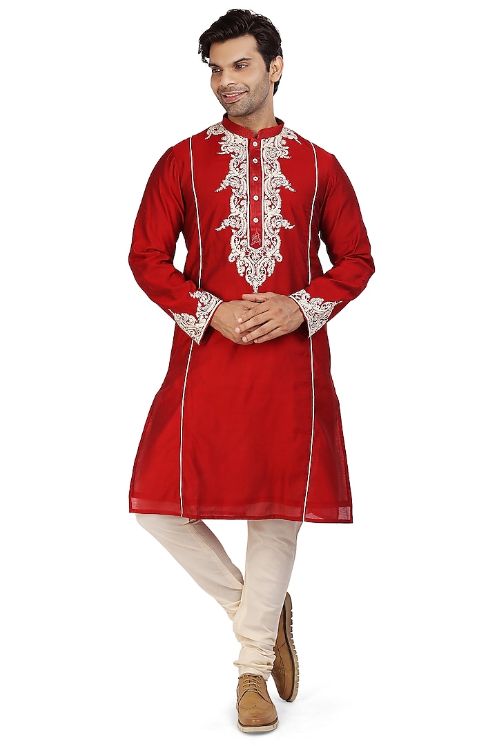 Oxblood Red Hand Embroidered Kurta Set by Nitesh Singh Chauhan