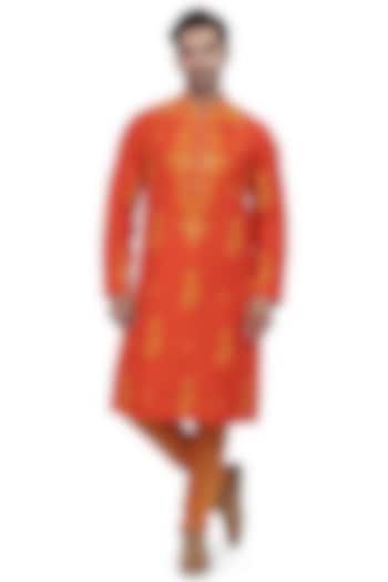 Blaze Orange Embroidered Kurta Set by Nitesh Singh Chauhan