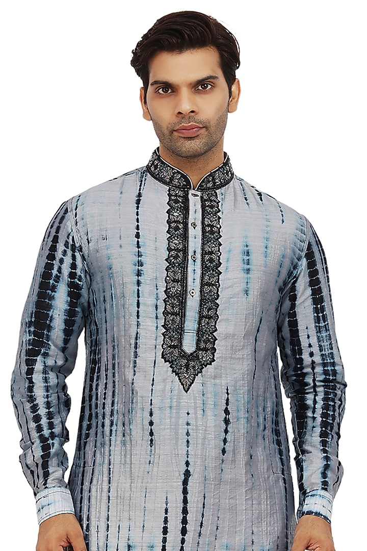 Grey Sky & Carbon Black Tie-Dye Kurta Set  by Nitesh Singh Chauhan at Pernia's Pop Up Shop