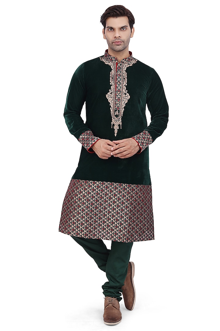 Forest Green Embroidered Kurta Set by Nitesh Singh Chauhan