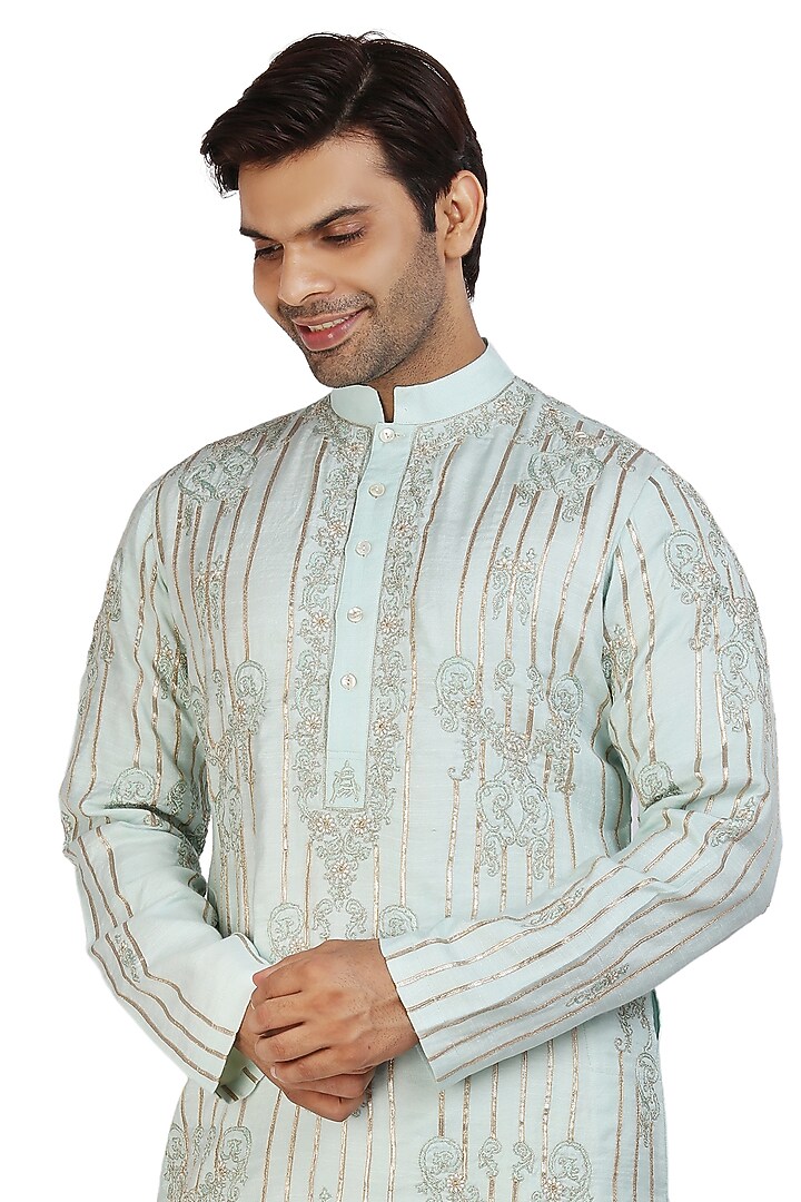 Powder Blue Embroidered Kurta Set by Nitesh Singh Chauhan at Pernia's Pop Up Shop