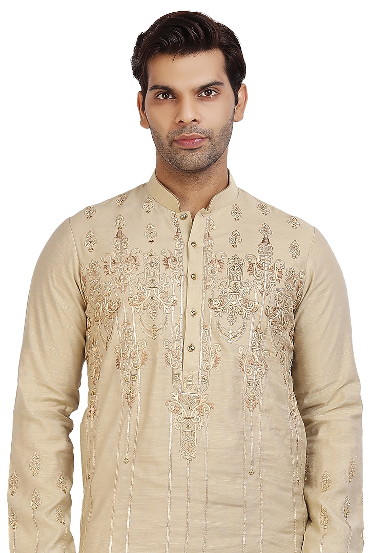 Khaki Tan Embroidered Kurta Set by Nitesh Singh Chauhan at Pernia's Pop Up Shop