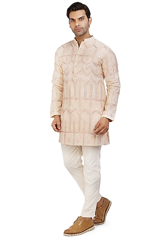 Blush Peach Embroidered Kurta Set by Nitesh Singh Chauhan