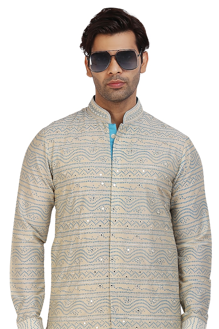 Sea Blue Embroidered Kurta Set by Nitesh Singh Chauhan at Pernia's Pop Up Shop