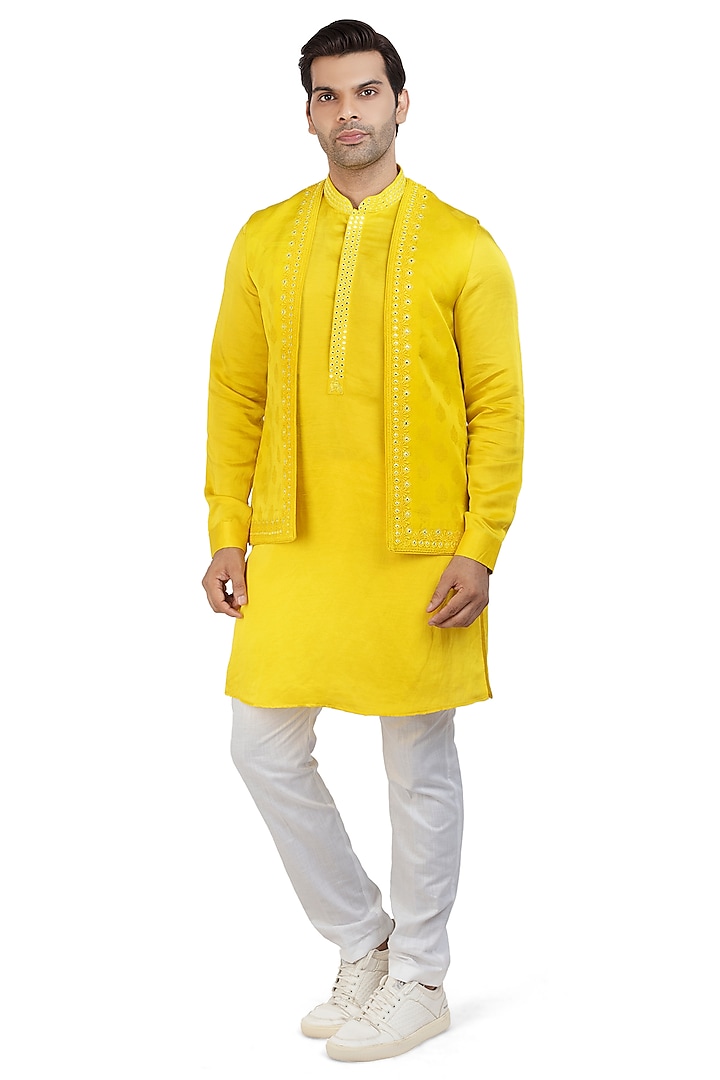Sunkissed Yellow Kurta Set With Bundi Jacket by Nitesh Singh Chauhan