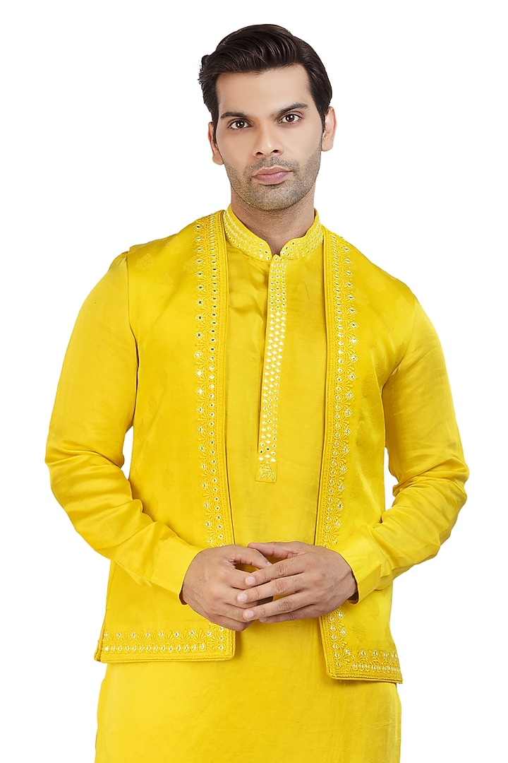 Sunkissed Yellow Kurta Set With Bundi Jacket by Nitesh Singh Chauhan at Pernia's Pop Up Shop