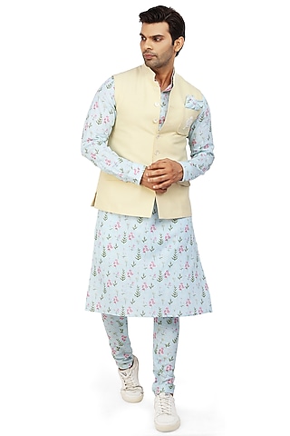 Powder Blue Kurta Set With Bundi Jacket by Nitesh Singh Chauhan
