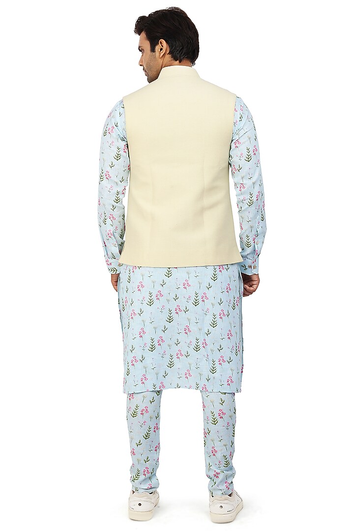 Powder Blue Kurta Set With Bundi Jacket by Nitesh Singh Chauhan at Pernia's Pop Up Shop