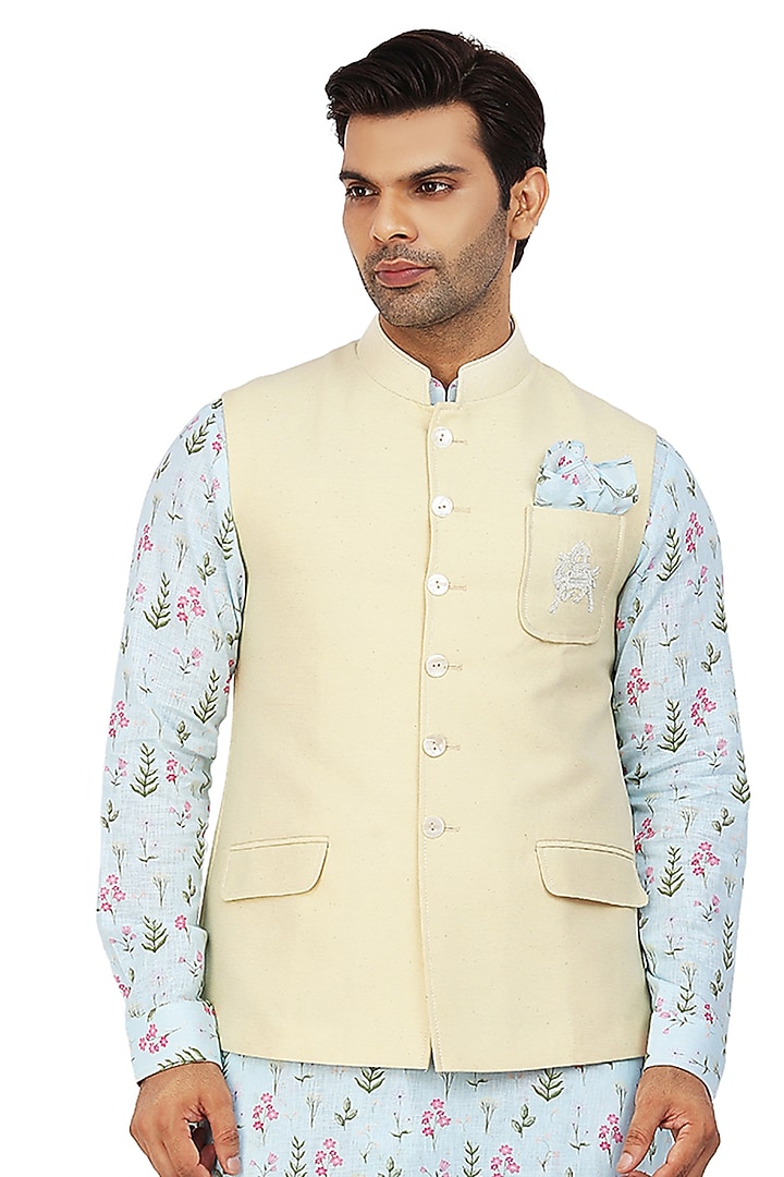 Powder Blue Kurta Set With Bundi Jacket by Nitesh Singh Chauhan at Pernia's Pop Up Shop