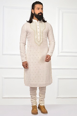 Off White Embroidered Kurta Set by Nitesh Singh Chauhan