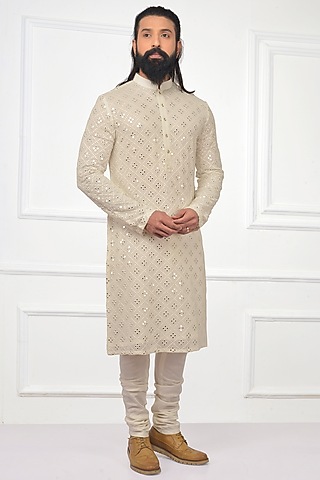 Off White Mukaish Embroidered Kurta Set by Nitesh Singh Chauhan