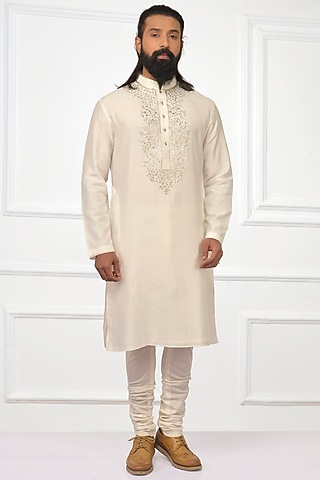 Off White Hand Embroidered Kurta Set by Nitesh Singh Chauhan