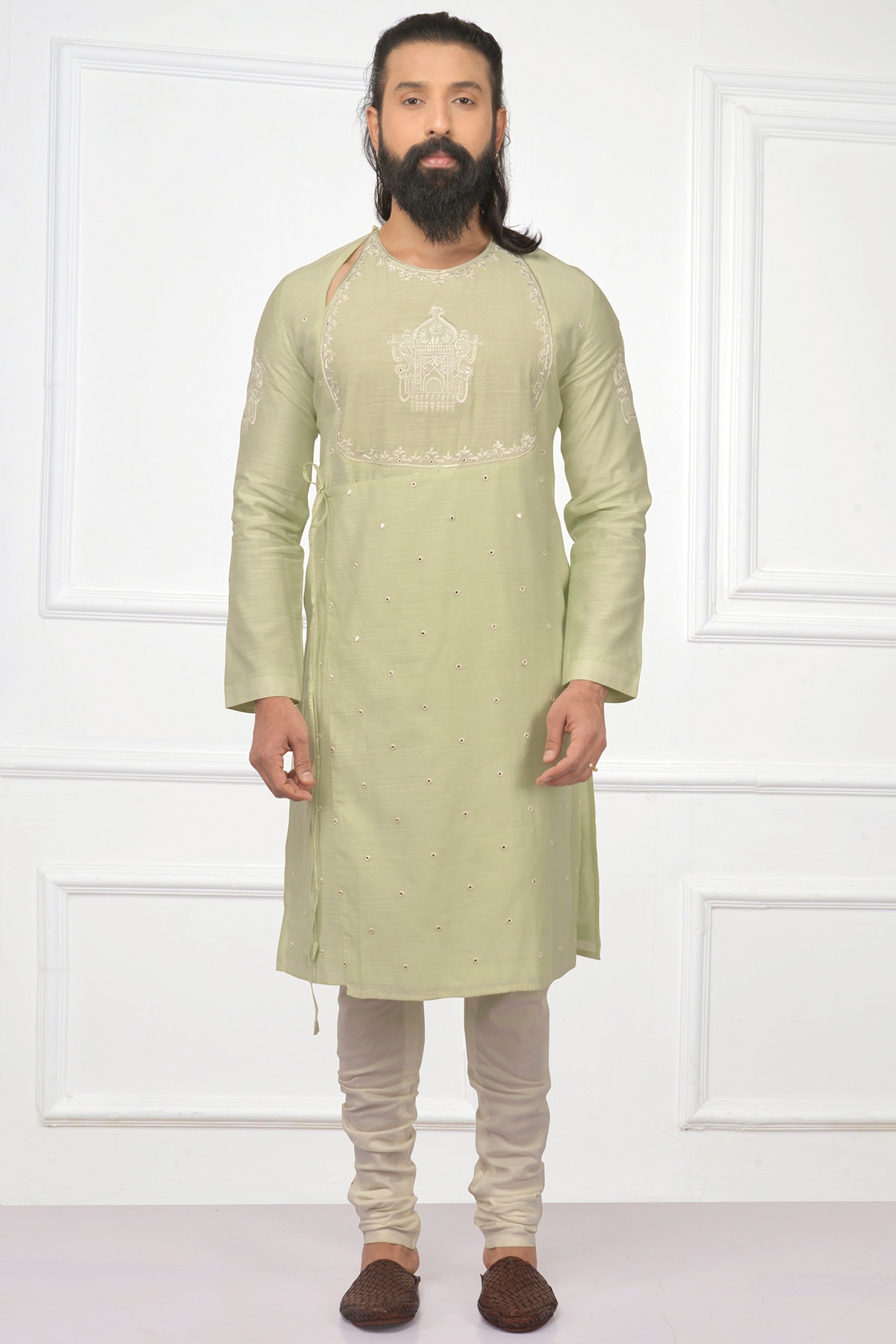 Mint Green Embroidered Rajasthani Angrakha Kurta Set by Nitesh Singh Chauhan at Pernia s Pop Up Shop