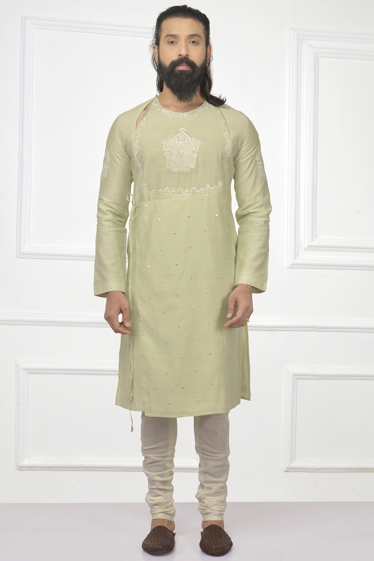 Mint Green Embroidered Rajasthani Angrakha Kurta Set by Nitesh Singh Chauhan at Pernia's Pop Up Shop