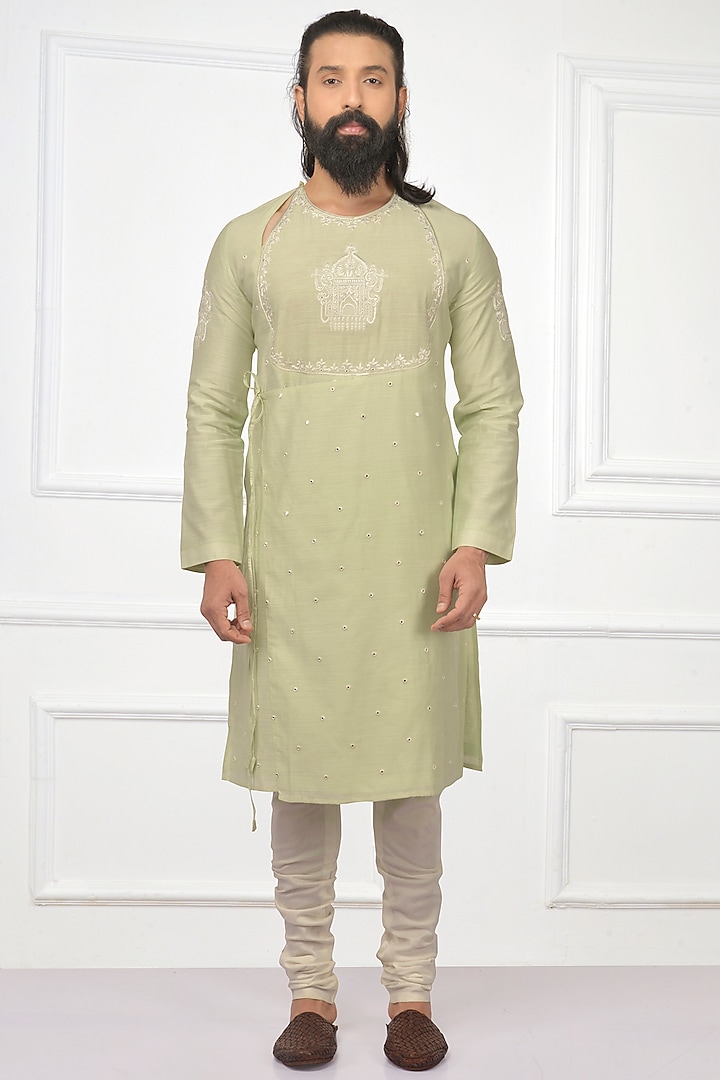 Mint Green Embroidered Rajasthani Angrakha Kurta Set by Nitesh Singh Chauhan