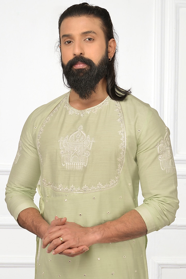 Mint Green Embroidered Rajasthani Angrakha Kurta Set by Nitesh Singh Chauhan at Pernia's Pop Up Shop