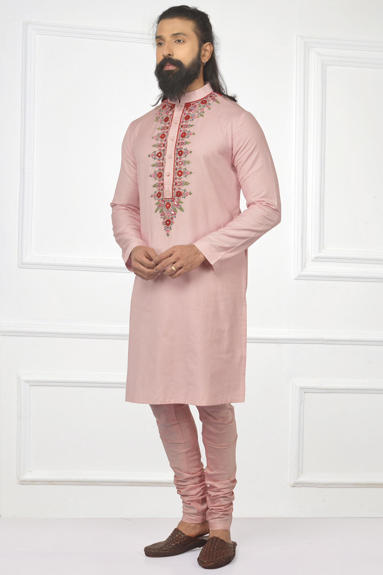 Rose Pink Embroidered Kashmiri Kurta Set by Nitesh Singh Chauhan