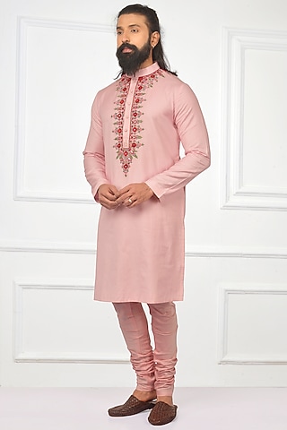 Rose Pink Embroidered Kashmiri Kurta Set by Nitesh Singh Chauhan
