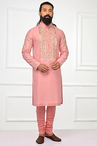 Rose Pink Embroidered Rajasthani Kurta Set by Nitesh Singh Chauhan
