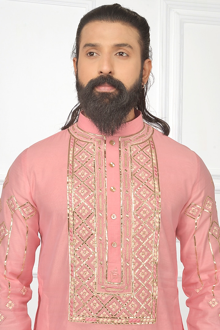 Rose Pink Embroidered Rajasthani Kurta Set by Nitesh Singh Chauhan at Pernia's Pop Up Shop