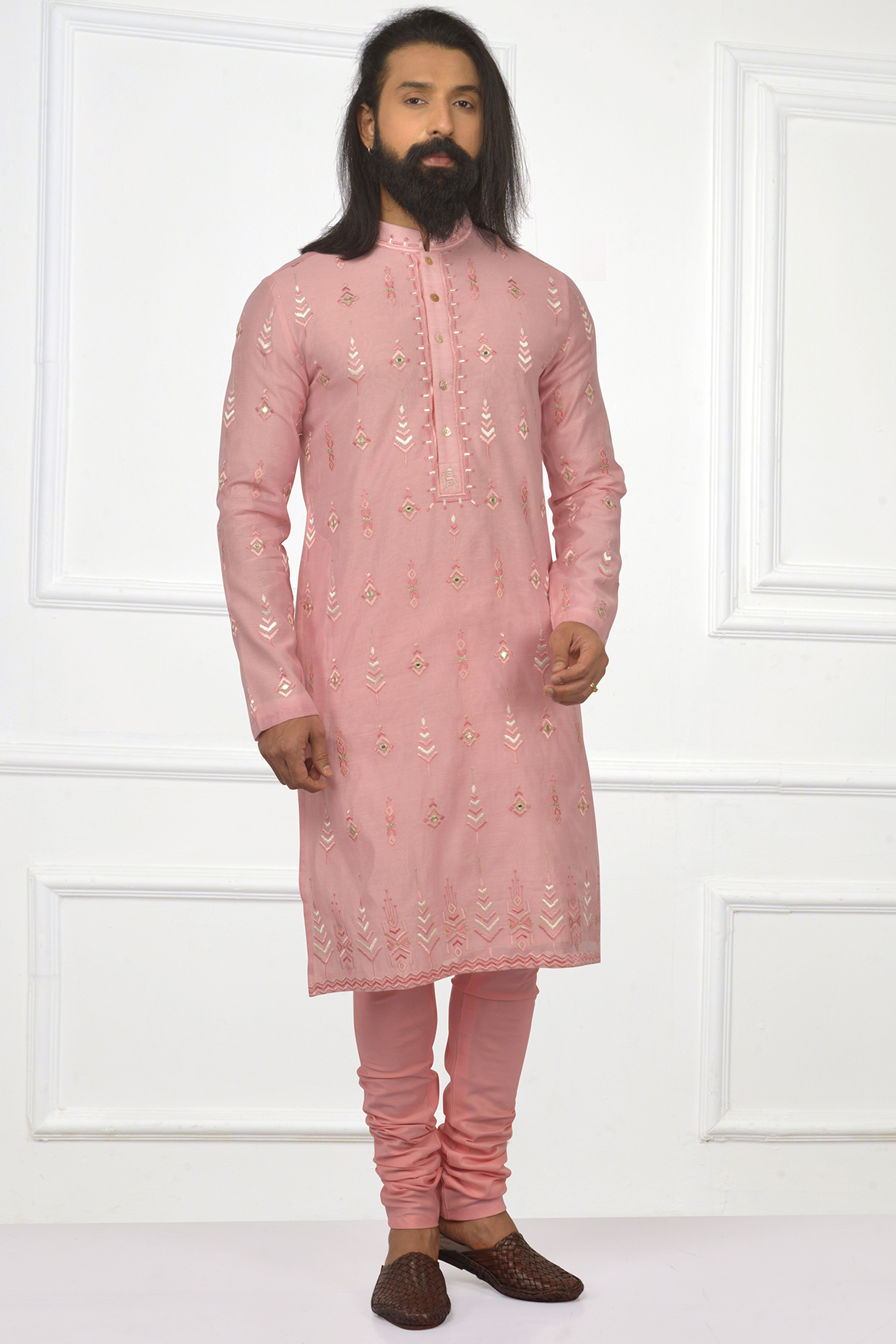 Rose Pink Embroidered Kurta Set by Nitesh Singh Chauhan