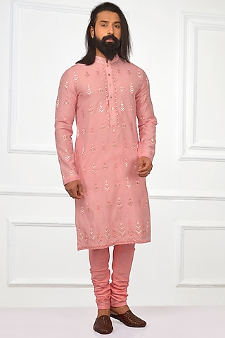 Rose Pink Embroidered Kurta Set by Nitesh Singh Chauhan