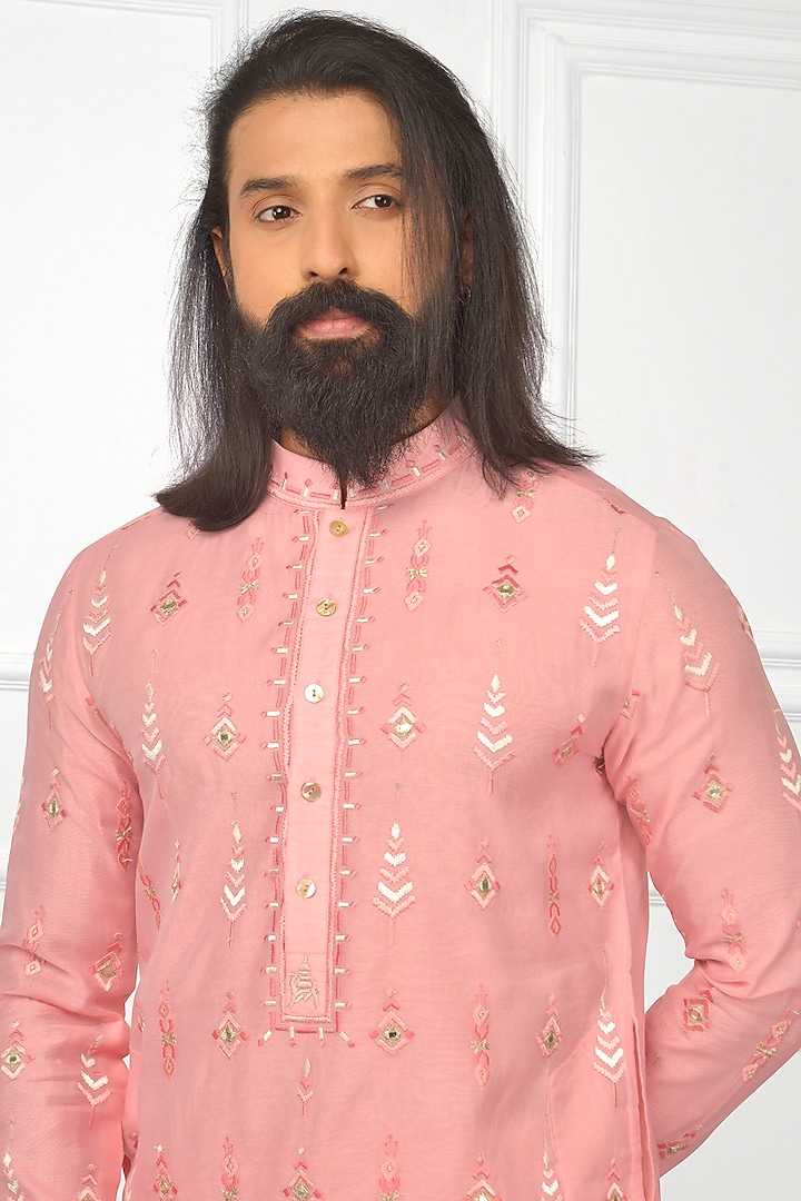 Rose Pink Embroidered Kurta Set by Nitesh Singh Chauhan at Pernia's Pop Up Shop