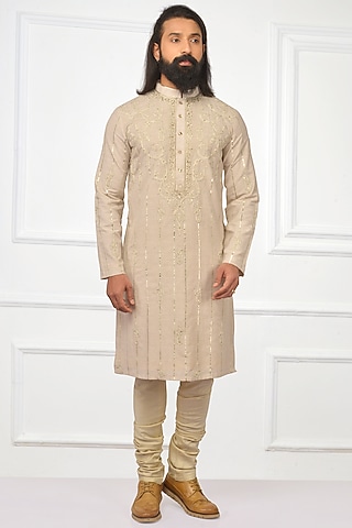 Natural Cream Embroidered Rajasthani Kurta Set by Nitesh Singh Chauhan