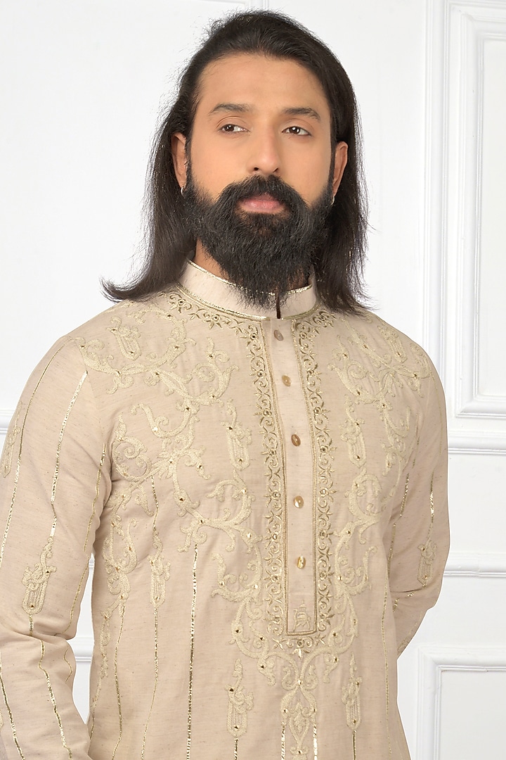 Natural Cream Embroidered Rajasthani Kurta Set by Nitesh Singh Chauhan at Pernia's Pop Up Shop