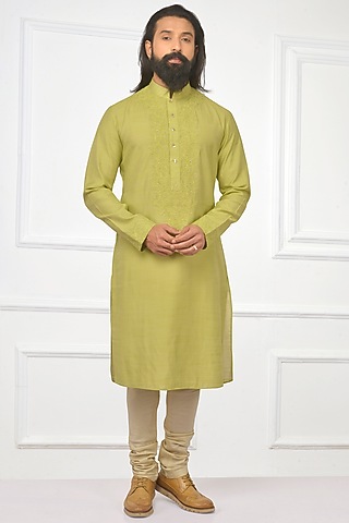 Pear Green Embroidered Kurta Set by Nitesh Singh Chauhan