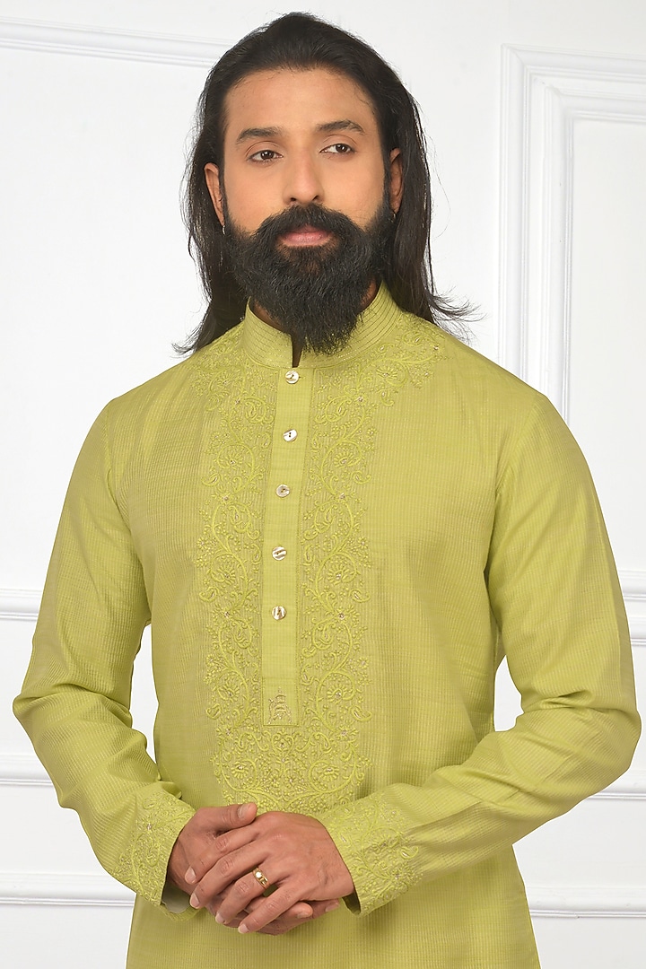 Pear Green Embroidered Kurta Set by Nitesh Singh Chauhan at Pernia's Pop Up Shop