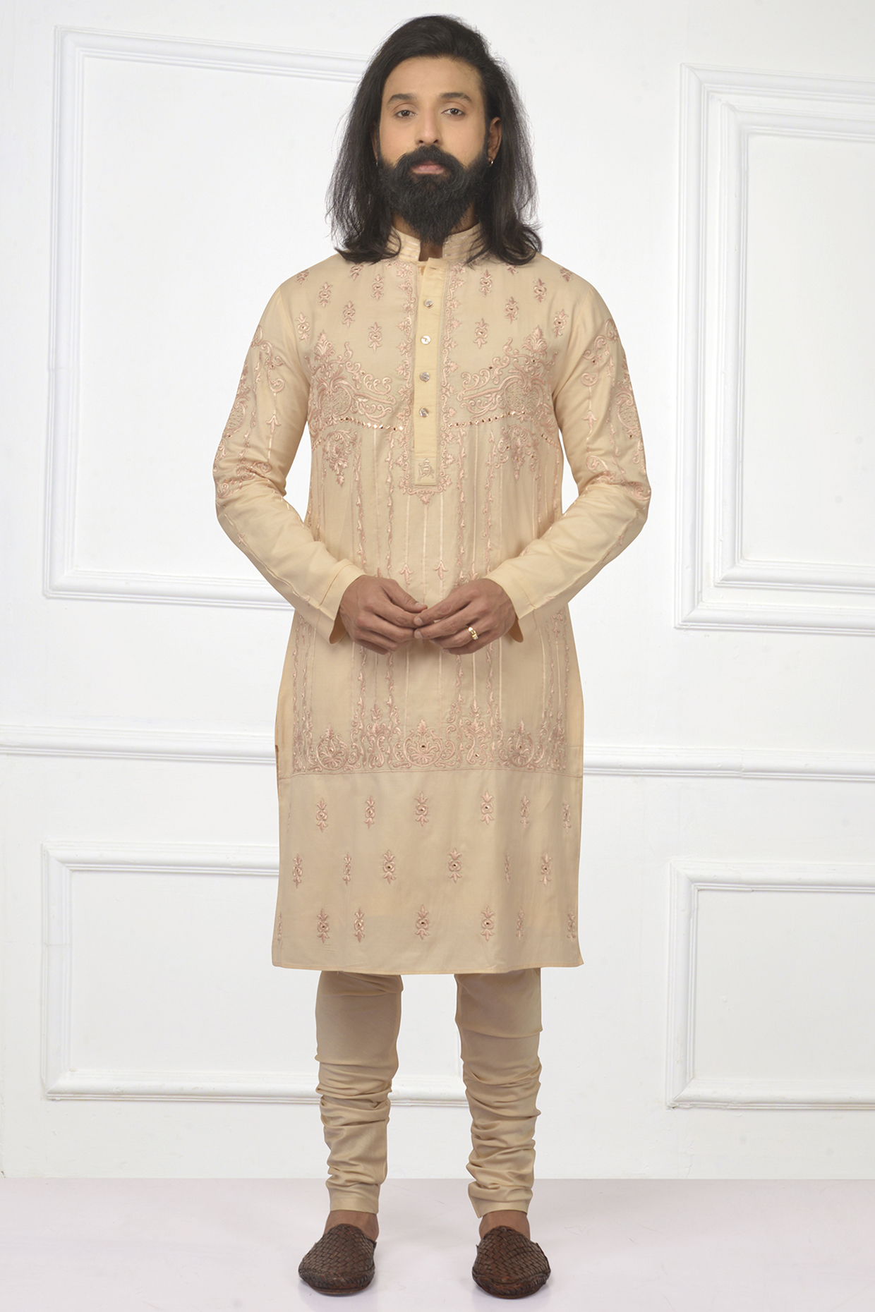 Peach Embroidered Kurta Set by Nitesh Singh Chauhan at Pernia's Pop Up Shop