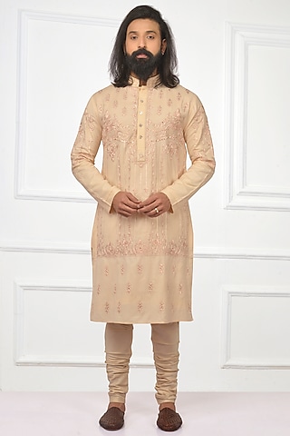 Peach Embroidered Kurta Set by Nitesh Singh Chauhan