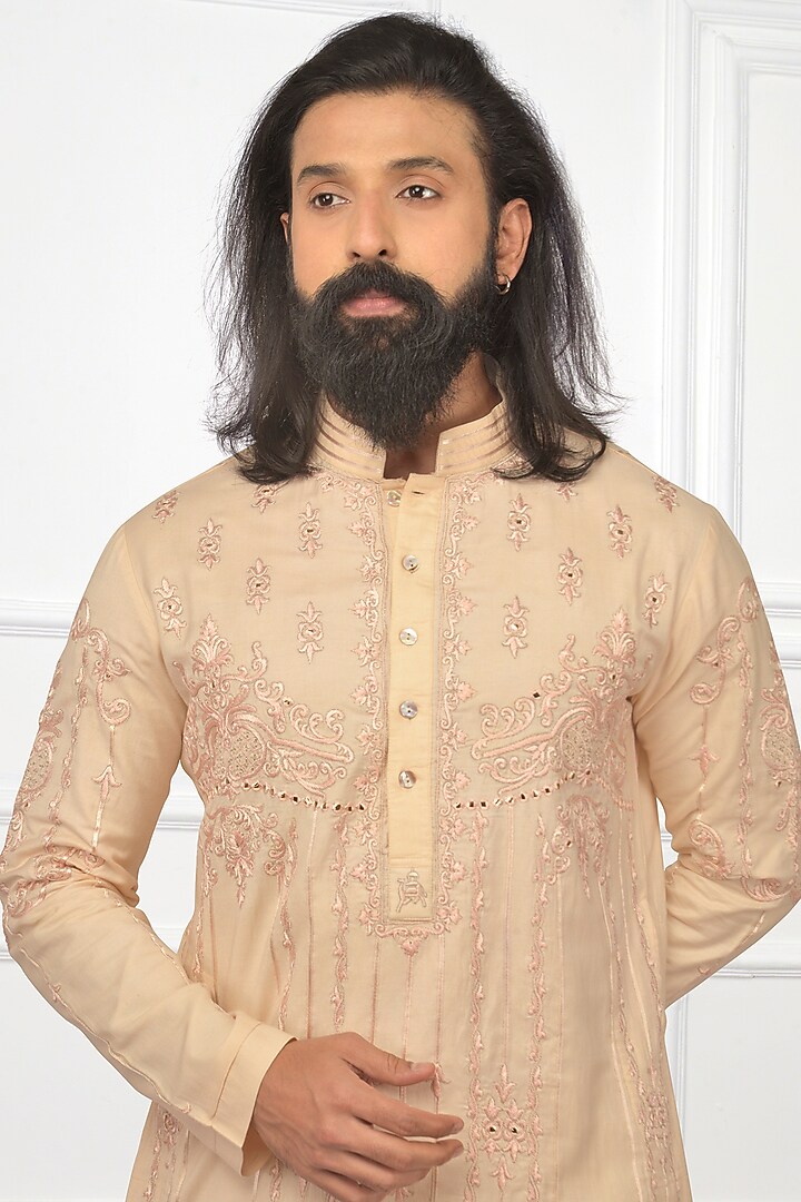 Peach Embroidered Kurta Set by Nitesh Singh Chauhan at Pernia's Pop Up Shop