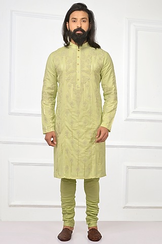 Pista Green Embroidered Kurta Set by Nitesh Singh Chauhan