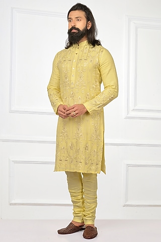 Banana Yellow Embroidered Kurta Set by Nitesh Singh Chauhan