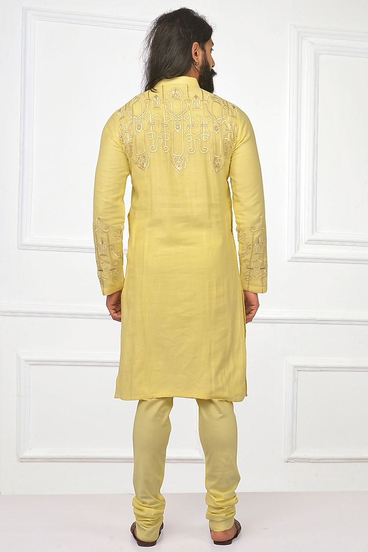 Banana Yellow Embroidered Kurta Set by Nitesh Singh Chauhan at Pernia's Pop Up Shop