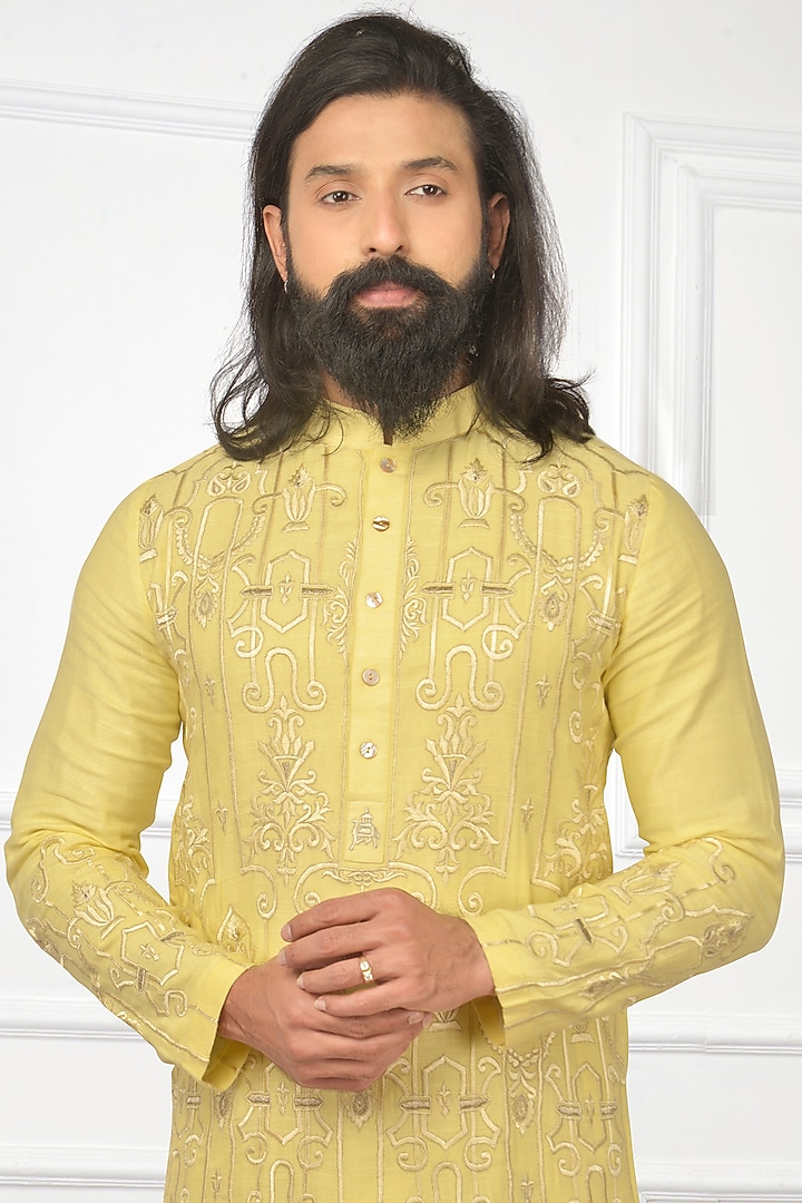 Banana Yellow Embroidered Kurta Set by Nitesh Singh Chauhan at Pernia's Pop Up Shop