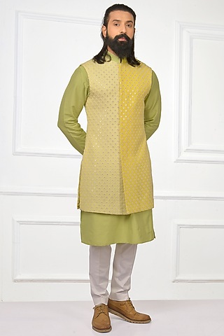 Mint Green Kurta Set With Bundi Jacket by Nitesh Singh Chauhan