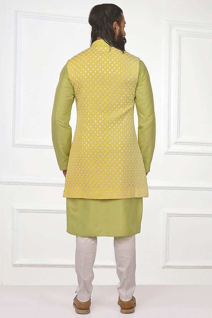 Mint Green Kurta Set With Bundi Jacket by Nitesh Singh Chauhan at Pernia's Pop Up Shop