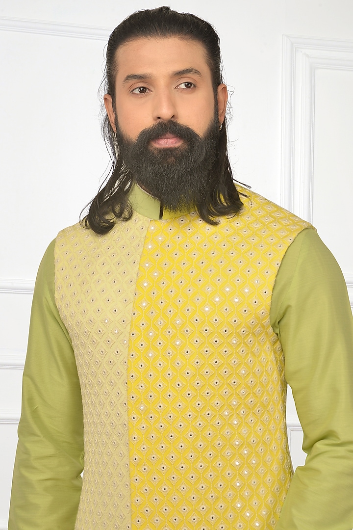 Mint Green Kurta Set With Bundi Jacket by Nitesh Singh Chauhan at Pernia's Pop Up Shop