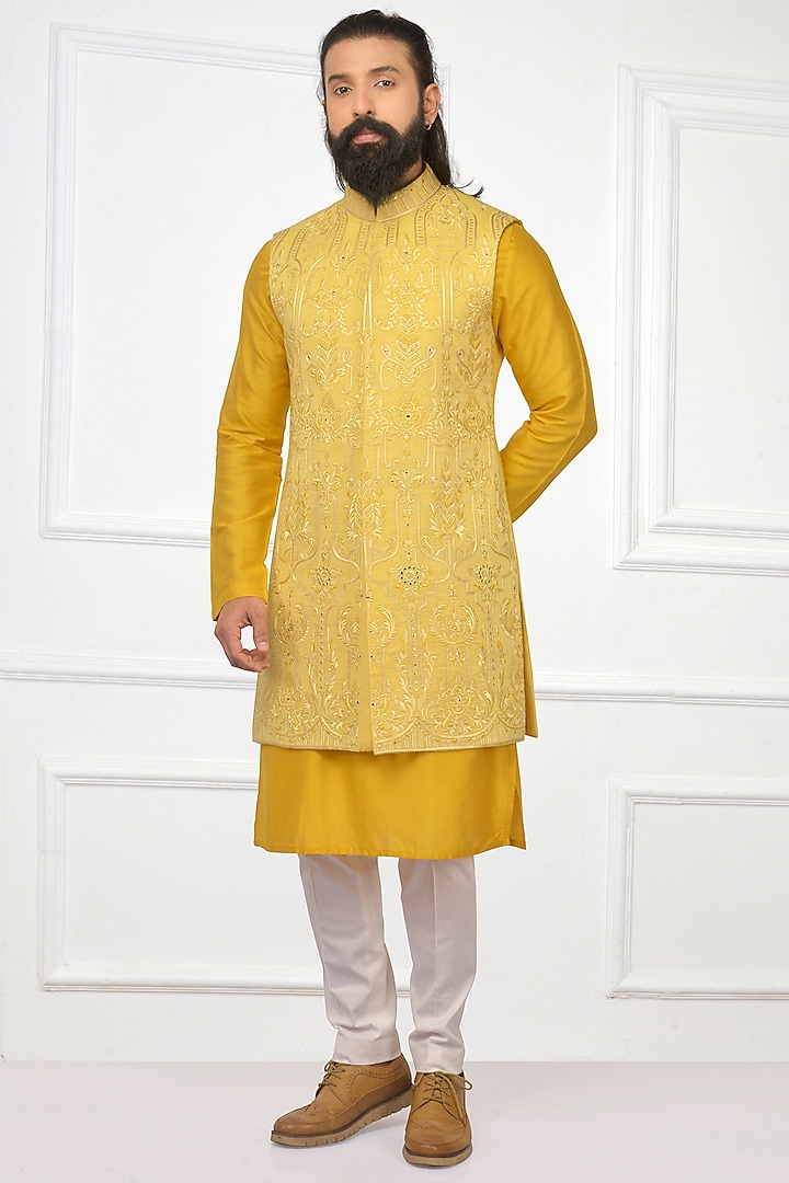 Summer Daffodil Yellow Bundi Jacket With Kurta Set by Nitesh Singh Chauhan