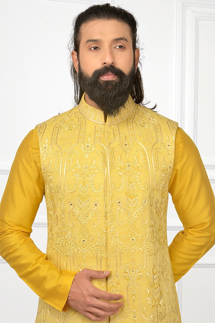 Summer Daffodil Yellow Bundi Jacket With Kurta Set by Nitesh Singh Chauhan at Pernia's Pop Up Shop