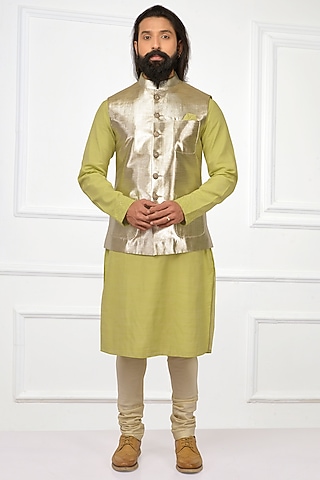Pear Green Embroidered Kurta Set With Bundi Jacket by Nitesh Singh Chauhan