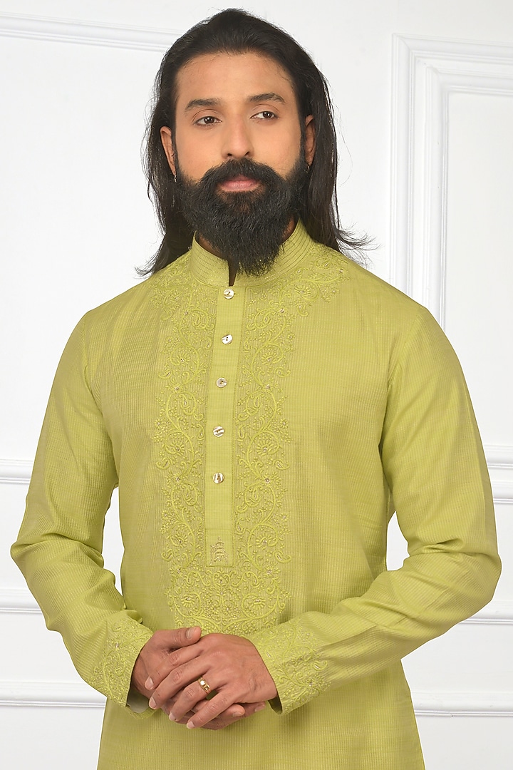 Pear Green Embroidered Kurta Set With Bundi Jacket by Nitesh Singh Chauhan at Pernia's Pop Up Shop
