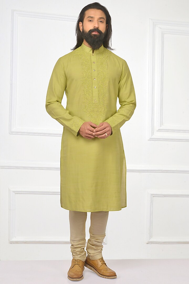 Pear Green Embroidered Kurta Set With Bundi Jacket by Nitesh Singh Chauhan at Pernia's Pop Up Shop