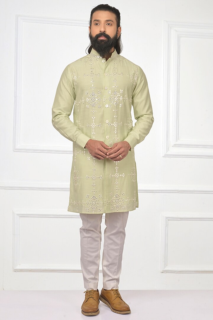 Mint Green Embroidered Front Open Kurta Set by Nitesh Singh Chauhan