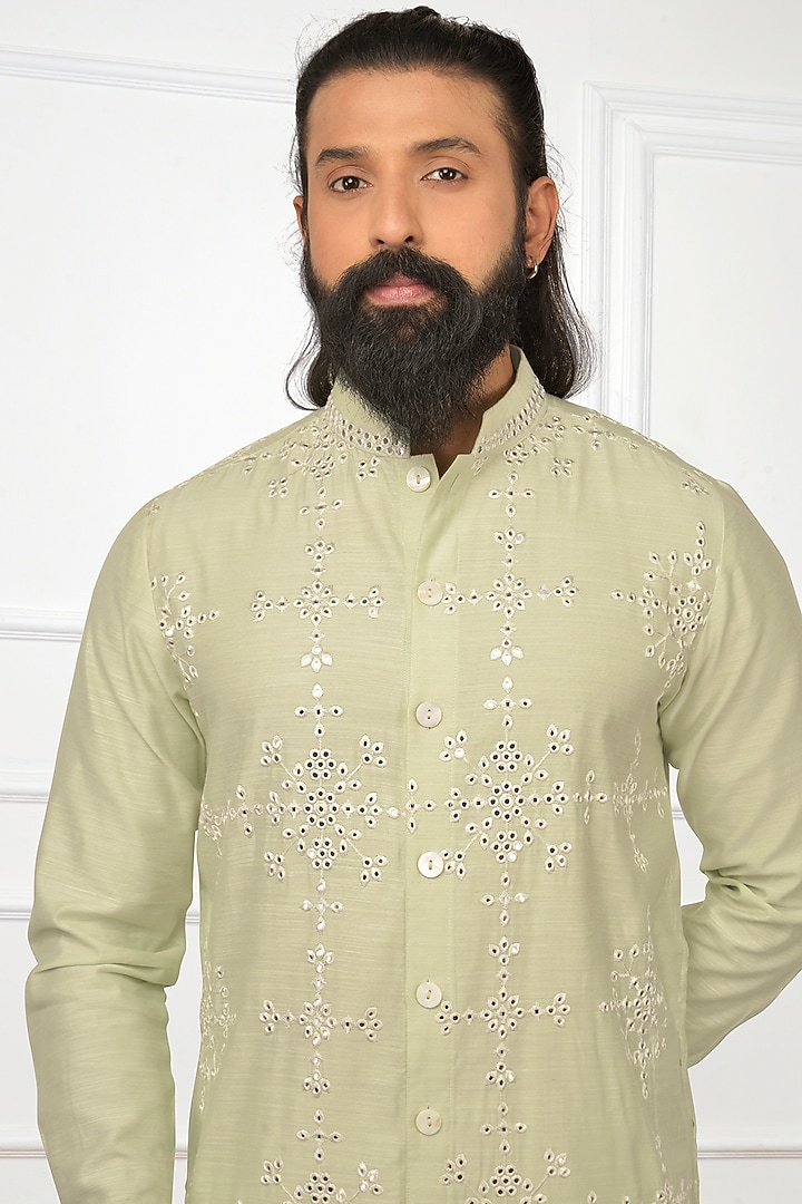 Mint Green Embroidered Front Open Kurta Set by Nitesh Singh Chauhan at Pernia's Pop Up Shop
