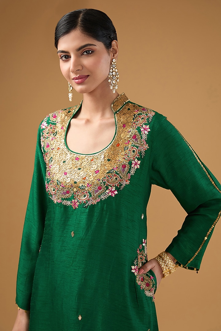 Green Silk Gota Patti Embroidered Kurta Set by Niti Bothra at Pernia's Pop Up Shop