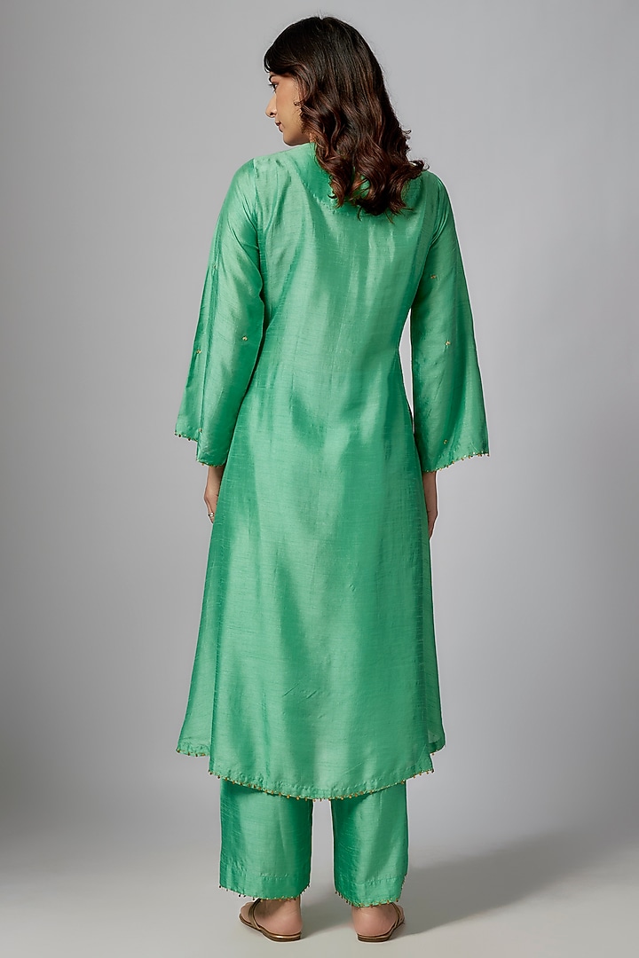 Green Silk Zardosi Embroidered Kurta Set by Niti Bothra at Pernia's Pop Up Shop